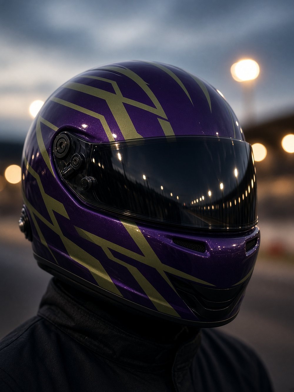 Gloss purple Washington Over Drive helmet with a moss stripe and a dark visor