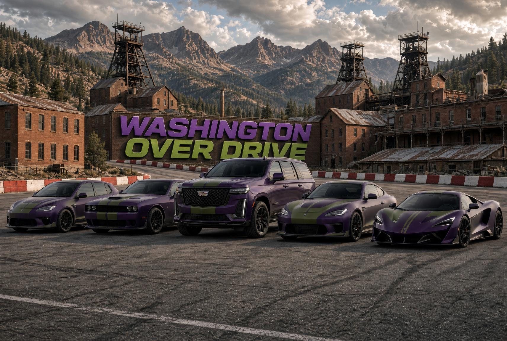 Five candy purple and moss green team cars parked on asphalt in front of a Washington mining town