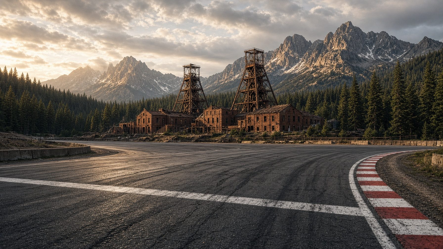 Mining-town circuit with brick mills, headframes, and mountain ridgelines